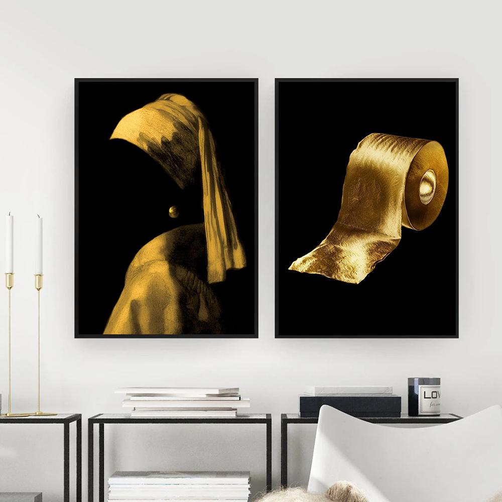 WC туалет плакат украшения модные женские декоративные картины черный золотой рулон бумаги холст настенные художественные картины для ванной комнаты