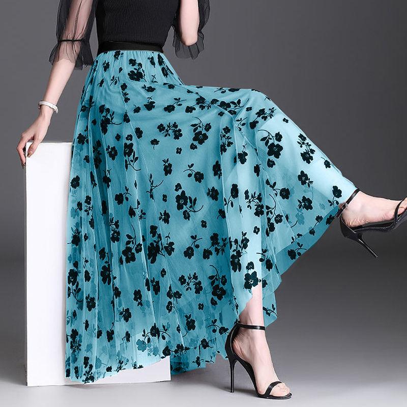 Korean Women Tulle Skirt Fashion Summer Hook Floral Loose Midi Skirt Elegant Female Casual All Match Mesh Skirts