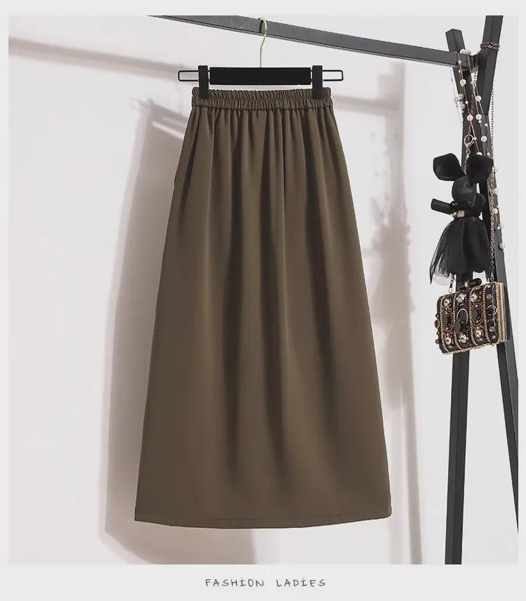 Женская высококачественная черная юбка с разрезом — средняя длина, высокая талия, облегающий крой на весну и осень 2024 г.