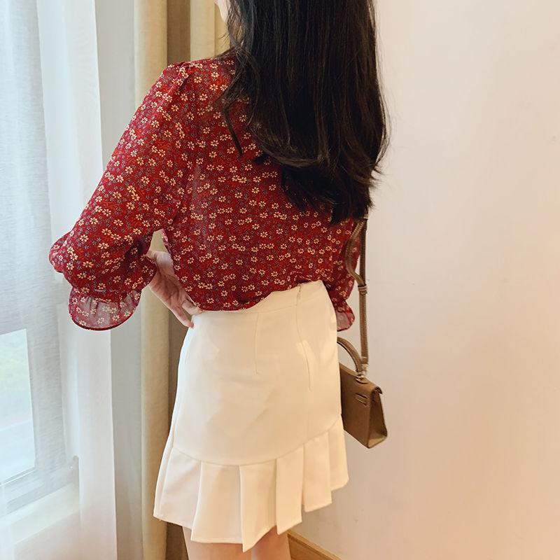 Шифоновая блузка с цветочным принтом, женская рубашка с v-образным вырезом, свободная нижняя рубашка больших размеров