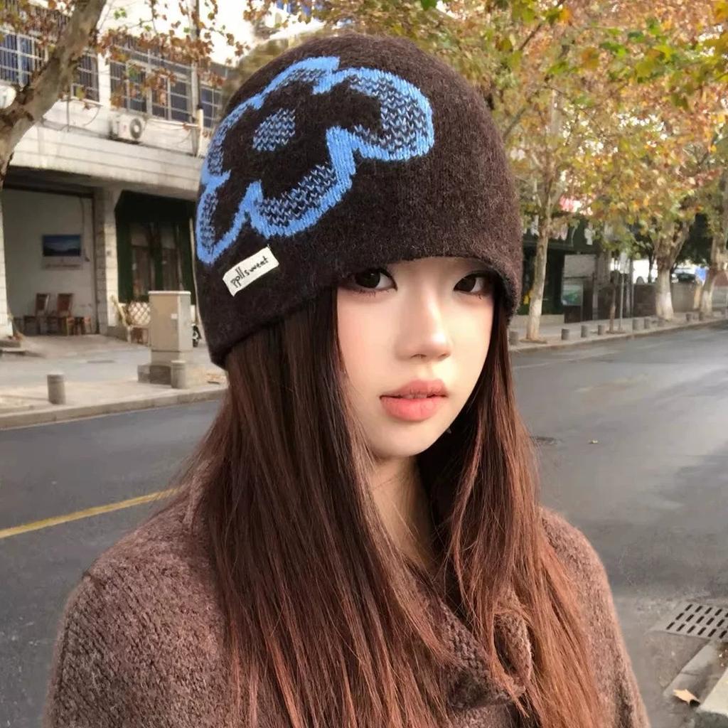 Jacquard wool hat women's winter versatile stacking hat warm and cold-proof ear protection bag head cold hat big head circumference knitted hat
