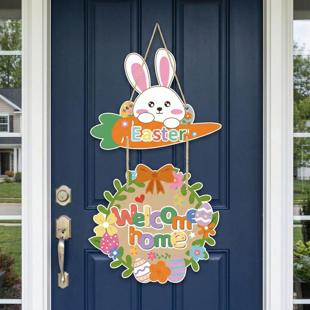 Cartoon Easter Welcome Sign Paper Bunny Egg Decor Easter Hanging Ornament Party Decoration
