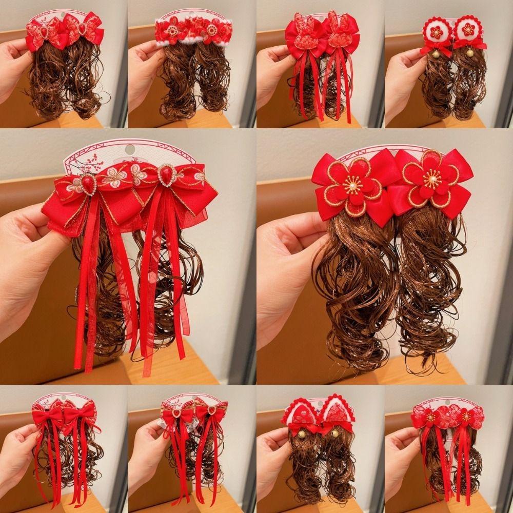 2 шт. детский парик-бантик в китайском стиле, вьющиеся волосы, красная заколка-бантик, новогодняя праздничная