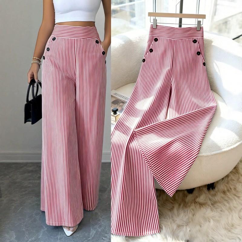 2026 Womens High Waist Striped Wide Leg Straight Casual Pants