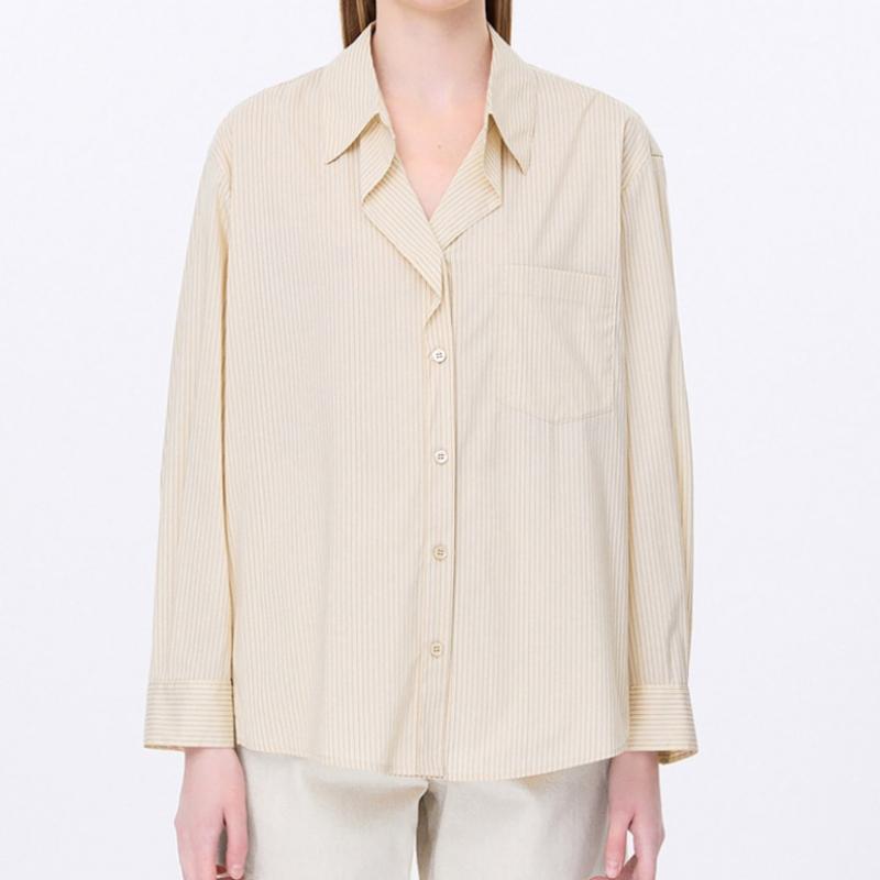 [shs Мисс] Полосатая рубашка с открытым воротником и карманом Swwstp12100