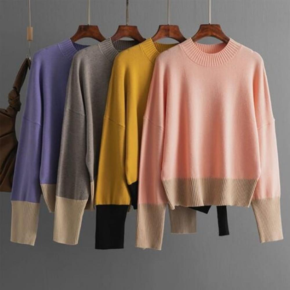 Navava Daily Simple Color Block Round Neck Long Sleeve Knit Tee Nk2678