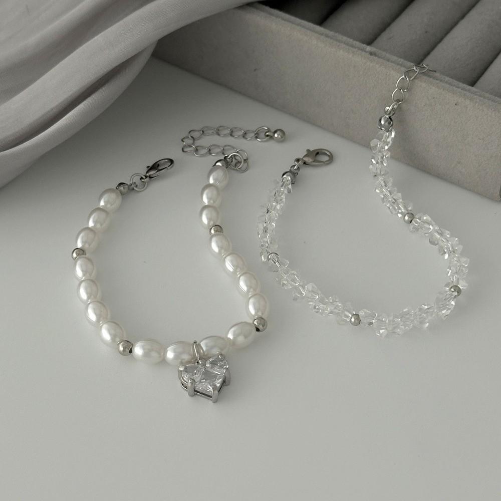 Beaded Heart Pendant Bracelets Stackable Metal Hand Chain Vintage Imitation Pearl Bracelets  Party