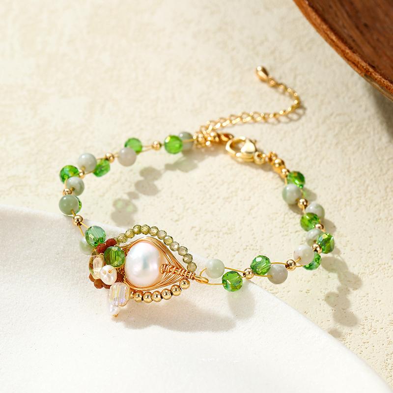 Freshwater Pearl Charm Bracelet 14K Gold Plated Natural Jadeite Crystal Bohemian Style White Pearl Summer Resort