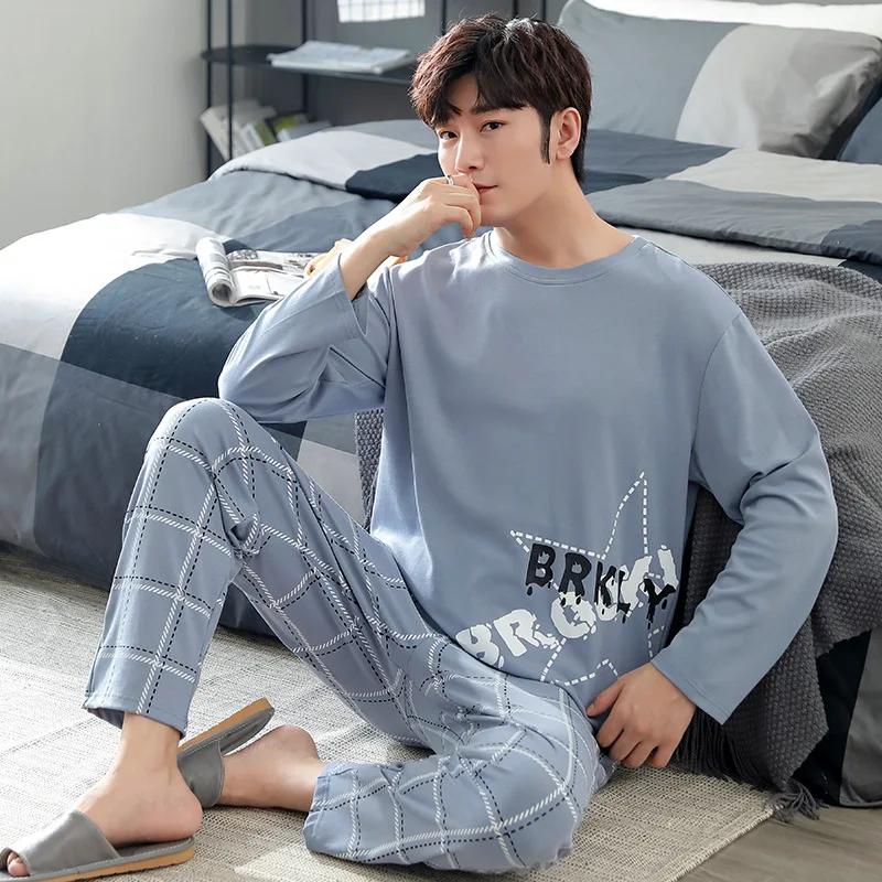 Пижамы мужские весенние и осенние с длинными рукавами, длинные брюки, простая домашняя одежда, тонкий хлопок, мужские большие размеры, весенние модели, костюм для отдыха