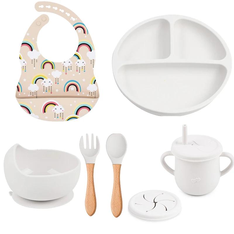 7PCS Baby Solid Silicone Tableware Set with Divided Baby Plates Feeding Bowls Straw Cup and Spoon for Toddler Training BPA Free