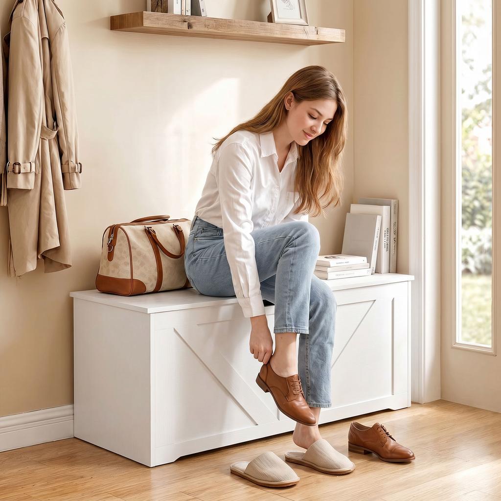 100L Home Storage Box, with Safety Hinge - White Wood-Effect