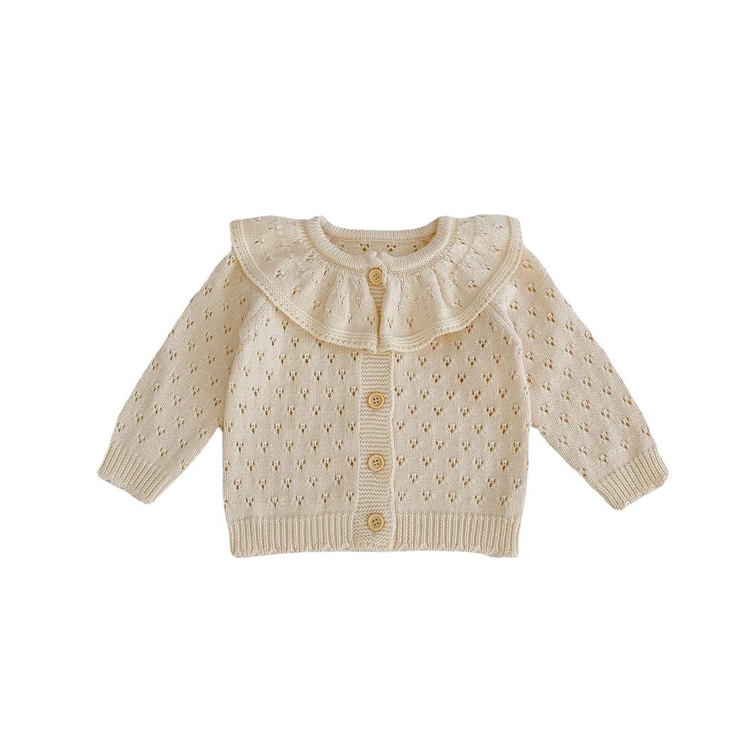 2024 Autumn/Winter Baby Girl Knitted Cotton Cardigan with Lotus Collar, 0-3 Years, Long Sleeve, Hollow Design.