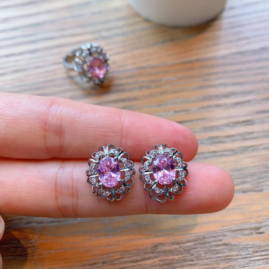 Ювелирные изделия из трех частей, модное кольцо с драгоценными камнями, розовые циркониевые серебряные серьги-иглы, новое розовое ожерелье Барби