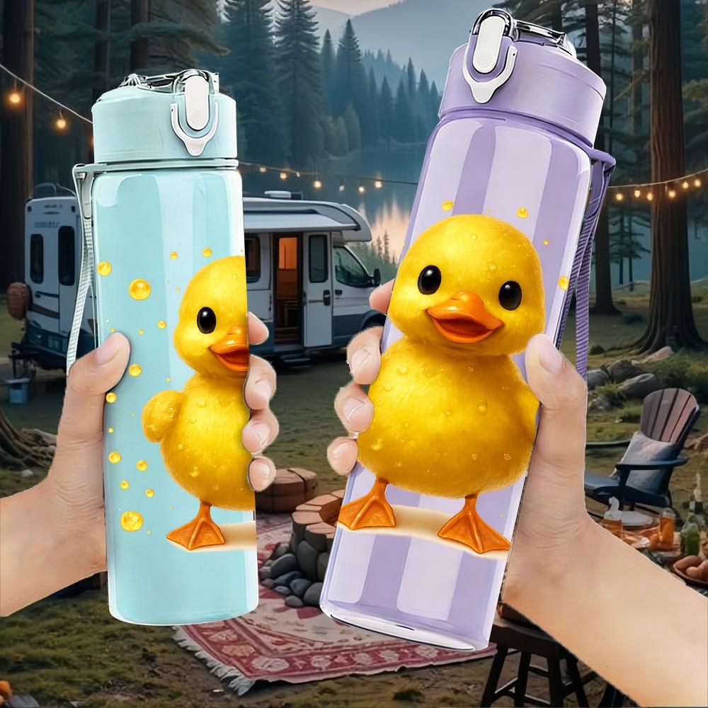 1PC Small Yellow Duck Figure Print 750ml Color Plastic Sports Water Bottle Leakproof Flip Straw Lid For Sports Office Home Use