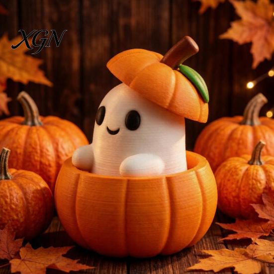 Halloween Party Supplies 3D Printed Pumpkin Ghost Ornament with Removable Figurine, Creative Desktop Funny Decompression Toy Decoration, Cute