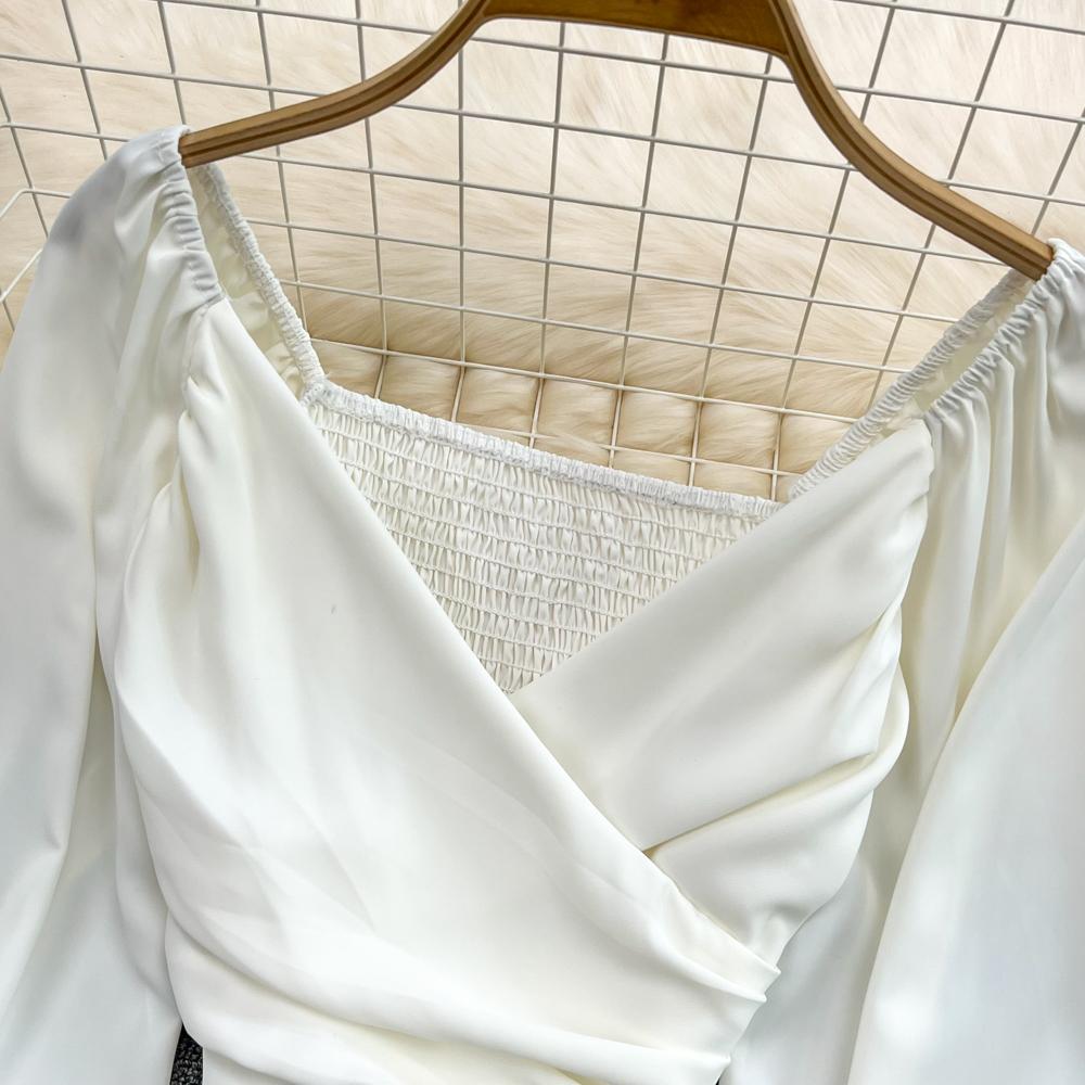 YYFS Женские модные повседневные весенне-осенние однотонные блузки и рубашки с v-образным вырезом и длинным рукавом с принтом