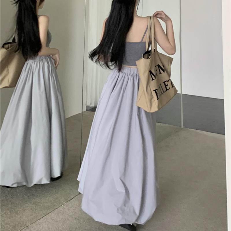Balloon Maxi Skirt Women Korean Fashion Streetwear Black Elastic Waist A-line Vintage Loose Long Skirt Female Casual