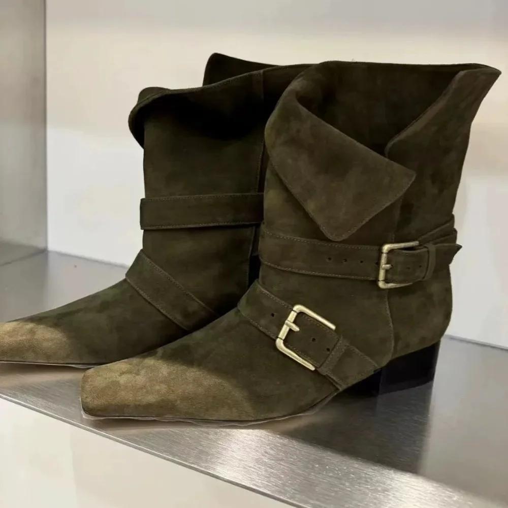 Короткие ботинки женские осень/зима натуральная кожа замша квадратный носок женская обувь два в одном складные толстый каблук межподошва ботинки женские