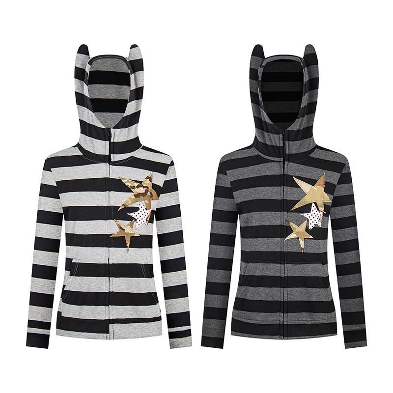 Womens Vintage Camo Star Embroidery Striped Hoodie Slim Fit Streetwear Jacket