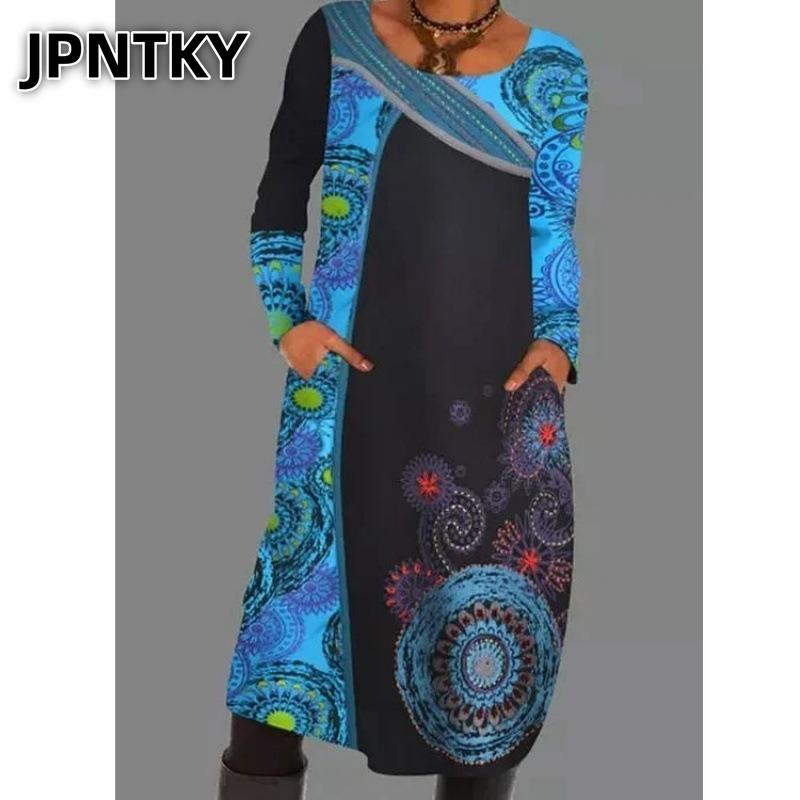 JPNTKY Модные повседневные платья с длинным рукавом и круглым вырезом, Осень-Зима