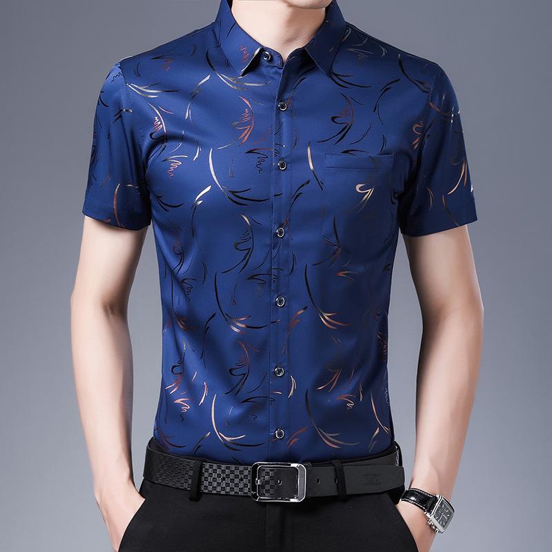 Мужская рубашка в стиле business casual с принтом и коротким рукавом - Отложной воротник, Модные стили для среднего и молодого возраста