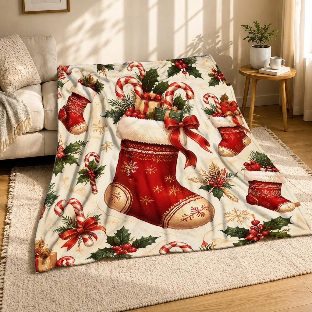 Christmas Stockings Candy Canes Coral Fleece Blanket Holiday Decor