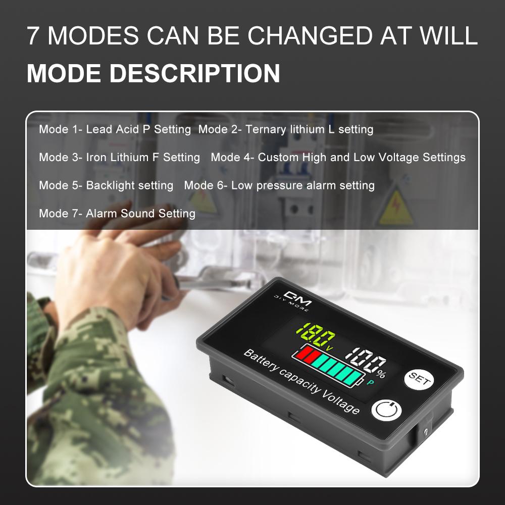 6133A 2-Wire Voltmeter DC 8V-100V LCD Battery Capacity Indicator Power Meter with Temperature Alarm 12V, 36V, 48V, 60V, 72V, 84V