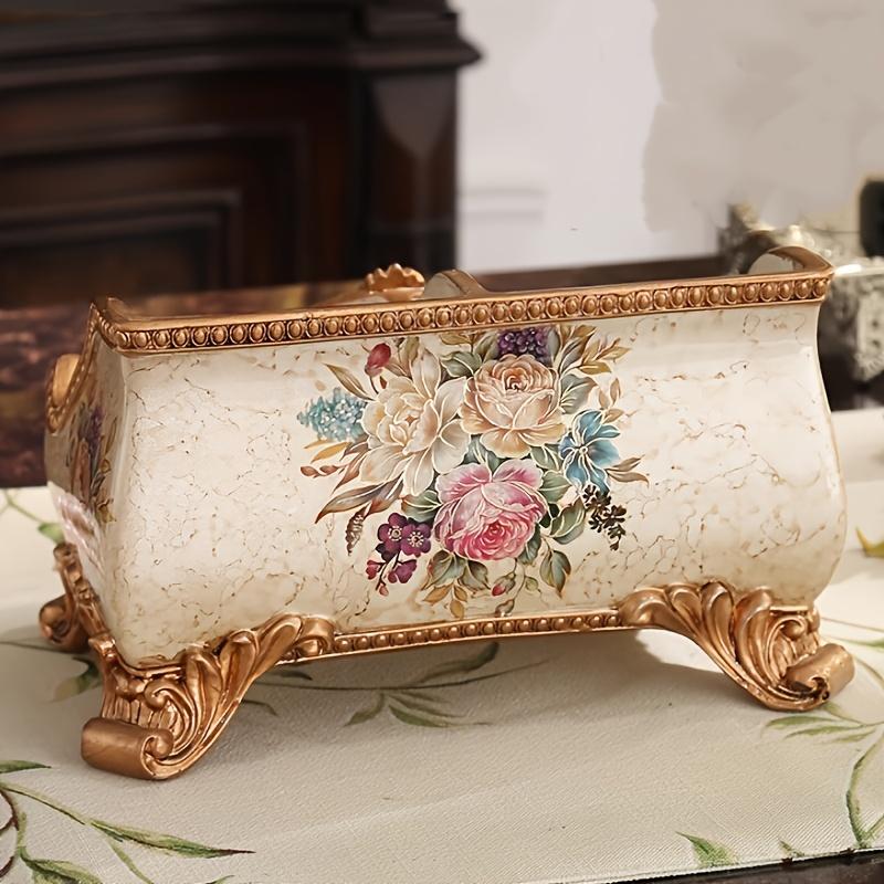1PC Vintage Floral Pattern Resin Tray - Abstract Design Double Grid Remote Control Storage Rack and Desktop Organizer