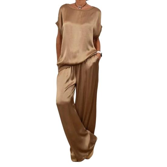 Women's Satin Silky Two-Piece Set Casual Crew Neck Short Sleeve Top Wide Leg Pants Set Loose Loungewear Outfit for Spring Summer