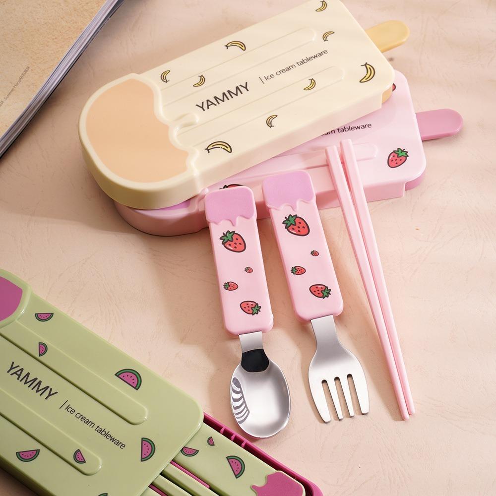304 Stainless Steel Popsicle Tableware Set Reusable with Storage Box Ice Cream Cutlery Set Cartoon Pattern
