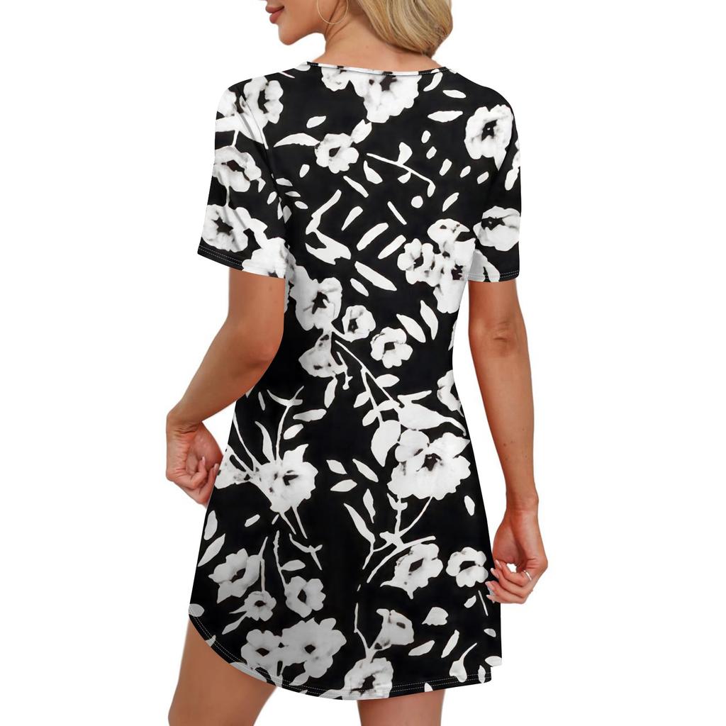 Женские летние платья Женские летние платья с цветочным принтом Повседневные платья с коротким рукавом и круглыми карманами