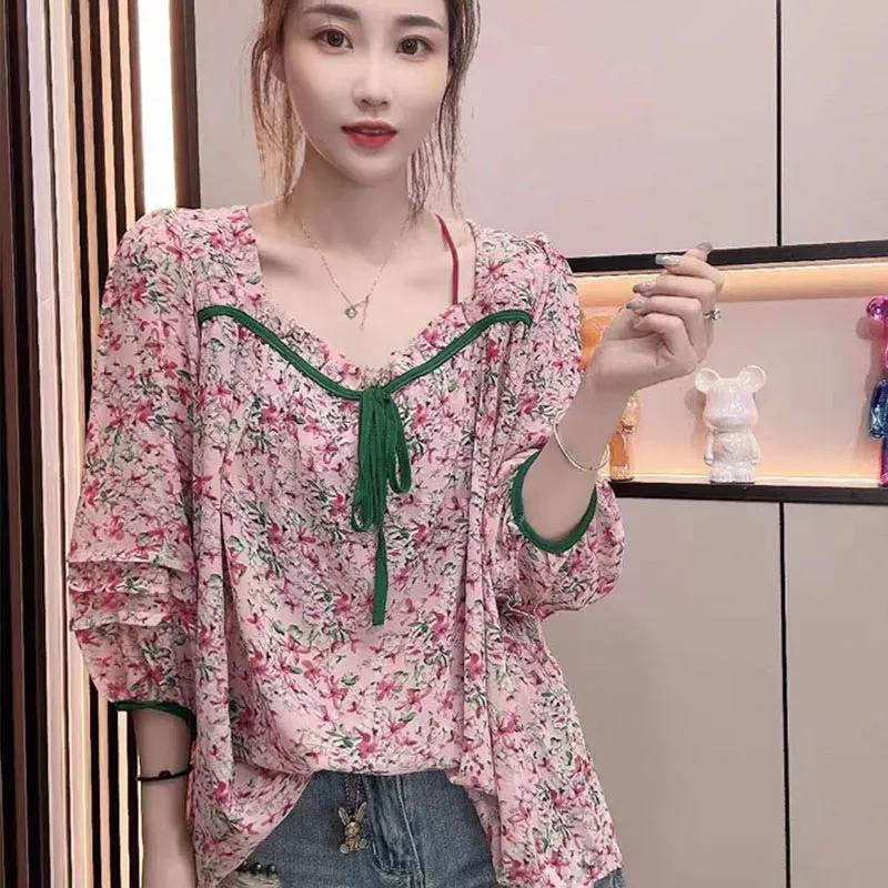 Женская летняя шифоновая рубашка с квадратным вырезом, принтом, кулиской, защитой от солнца, повседневный топ с рукавом 3/4