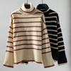 Women's Knitted Pullover Sweater for Autumn and Winter Stripes In Contrasting Loose Slit Turtlenecks