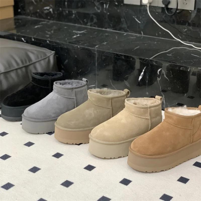 2027 New Design Winter Snow Boots Women Fur Warm Ultra Mini Platform Ankle Boots Genuine Leather High Heel Slippers Wool Shoes