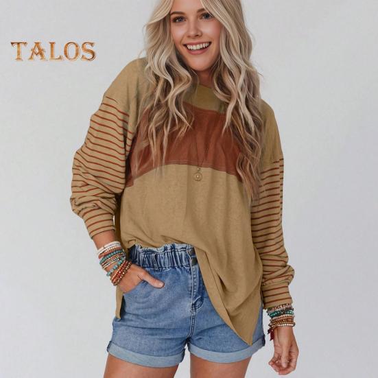 Женская футболка с круглым вырезом и длинным рукавом в полоску контрастного цвета свободного кроя, эластичная дышащая футболка-пуловер