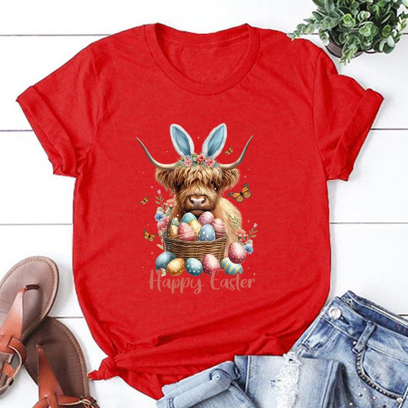 Hot Easter Day Unisex Short Sleeve Cow Happy Easter Print T Shirts Women Causal Harajuku Tops Funny T Shirt