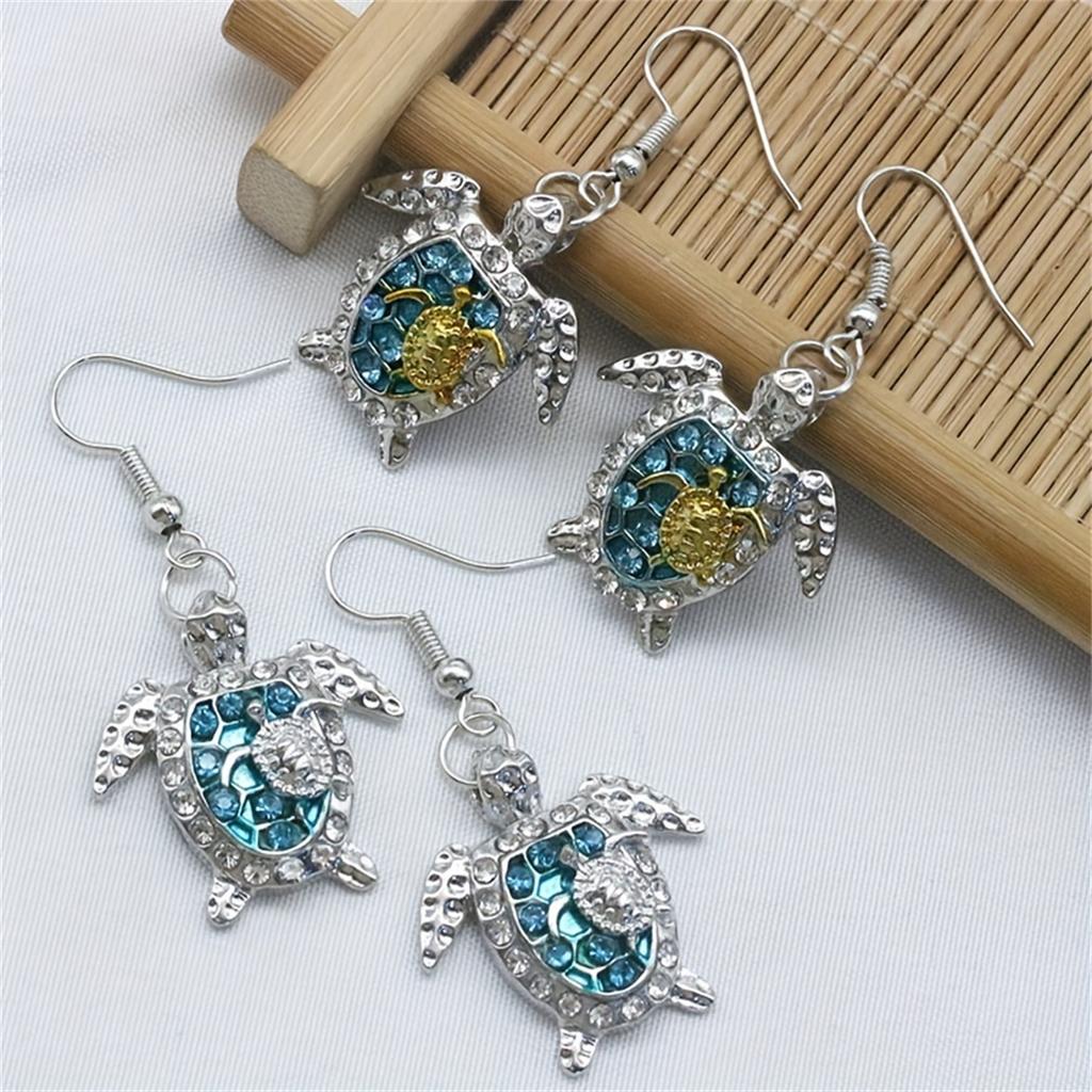1 Pair Cool Sea Turtle Earrings Jewelry Cute Animal Inlaid Rhinestone Turtle Pendant Jewelry Gift For Women Accessories