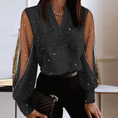 Офисная женская рубашка в стиле пэчворк с v-образным вырезом, прозрачная кружевная блузка с пышными рукавами, свободный крой, элегантный пуловер, топы