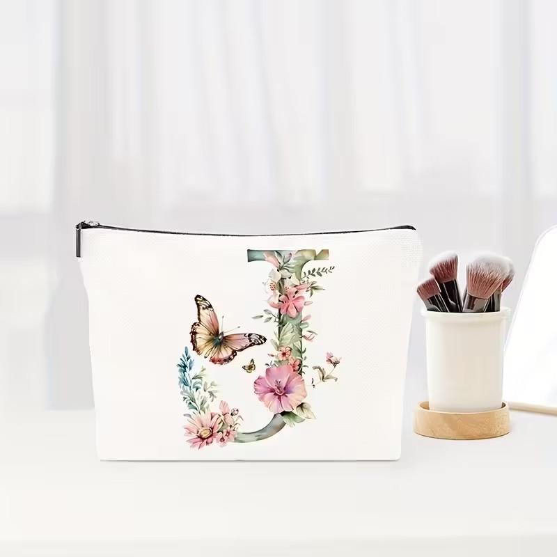 Letter Floral Pattern Zipper Cosmetic Bag Portable Travel Makeup Pouch Multifunctional Toiletry Wash Storage Bag for Women Daily Vacation Organizer