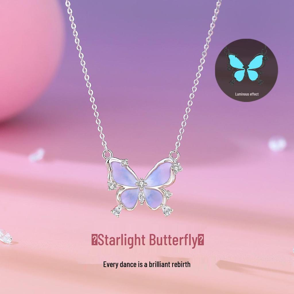 Ожерелье-бабочка Tichia Starlight: Серебро S925, Роскошный градиентный фиолетовый светящийся дизайн для женщин.