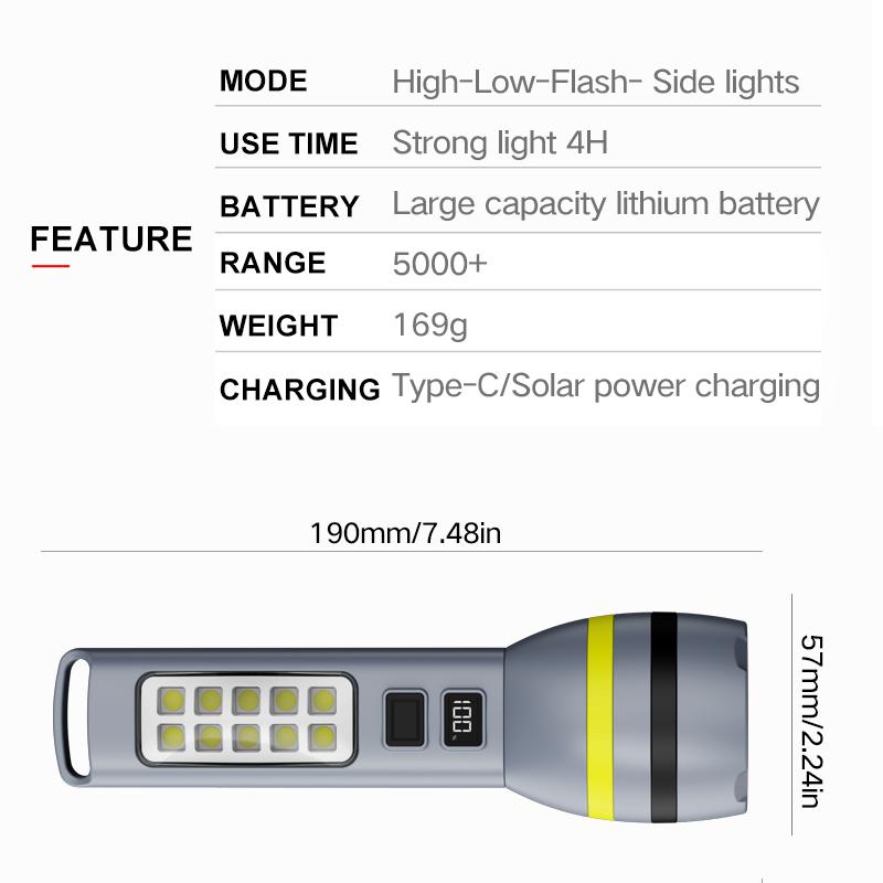 Flashlight, solar powered black technology, travel camping site searchlight, strong light, rechargeable, ultra long standby, mul