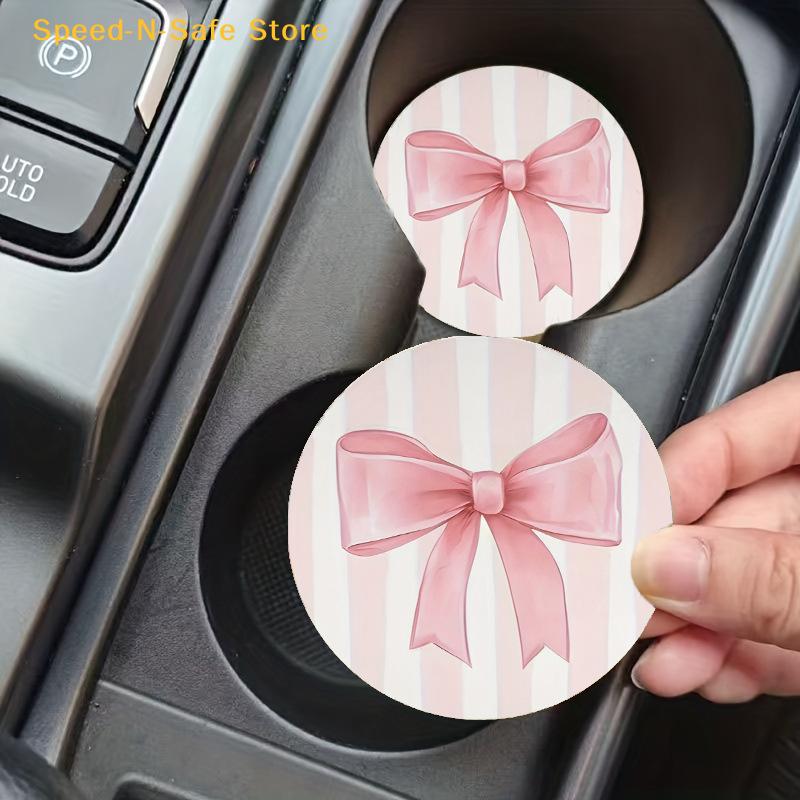 NonSlip Car Cup Mat Pink Bow Print Universal Coasters Set for Cute Vehicle Interior Styling