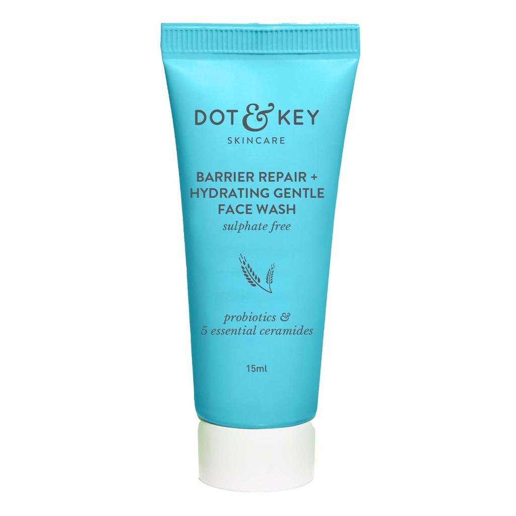 Dot & Key Увлажняющее мягкое очищающее средство для лица с пробиотиками для восстановления кожного барьера, для сухой и чувствительной кожи, дорожный формат 15 мл, мини