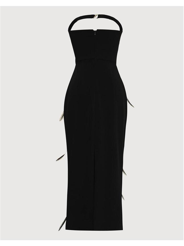 2024 Осень Сексуальное Платье Холтер С Открытой Спиной Перьями Бисером Средней Длины