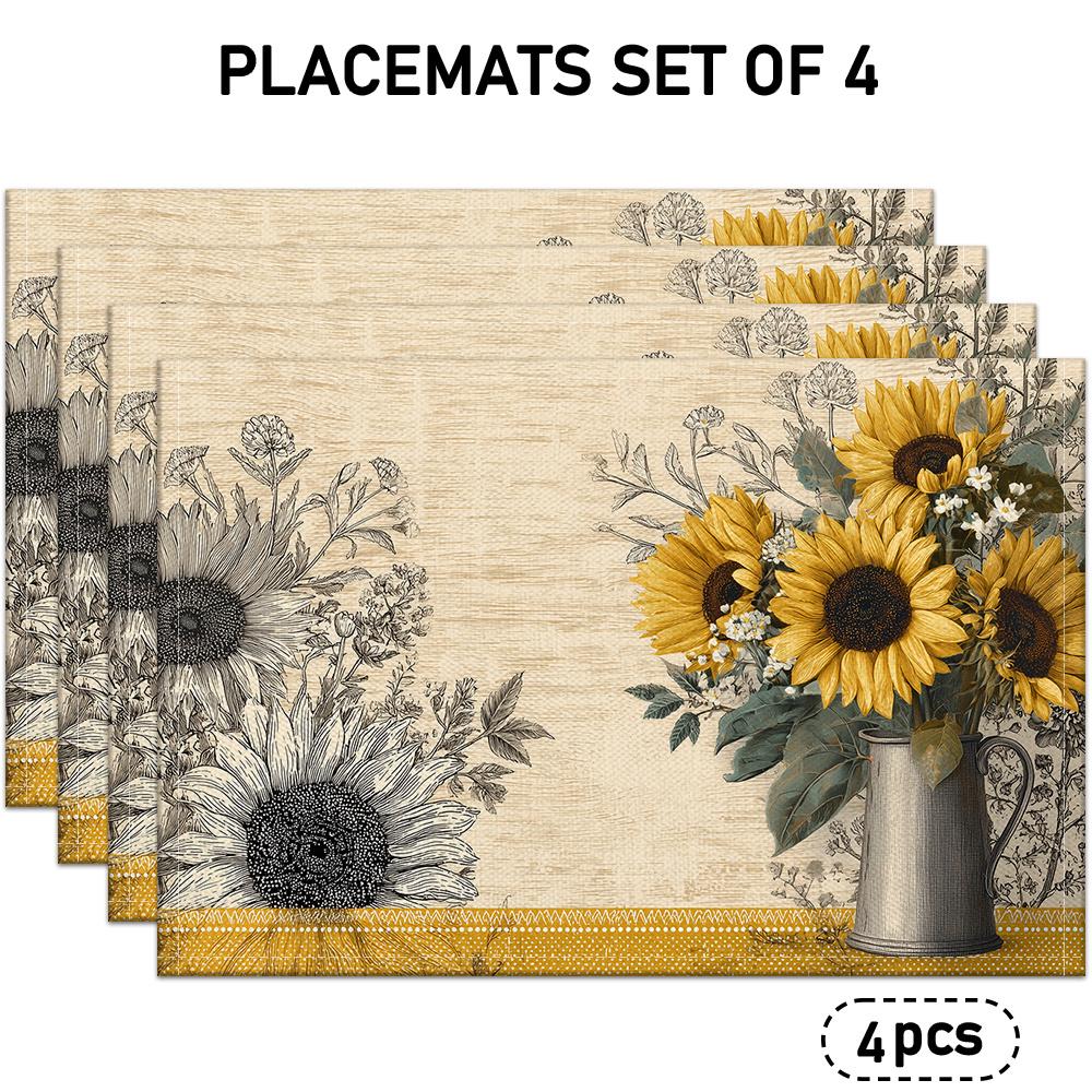 4/6pcs Sunflower Pattern Placemats, Vase and Floral Design, Suitable for Indoor/Outdoor Party Restaurant Decor, Kitchen Dining Table Decor, Holiday De