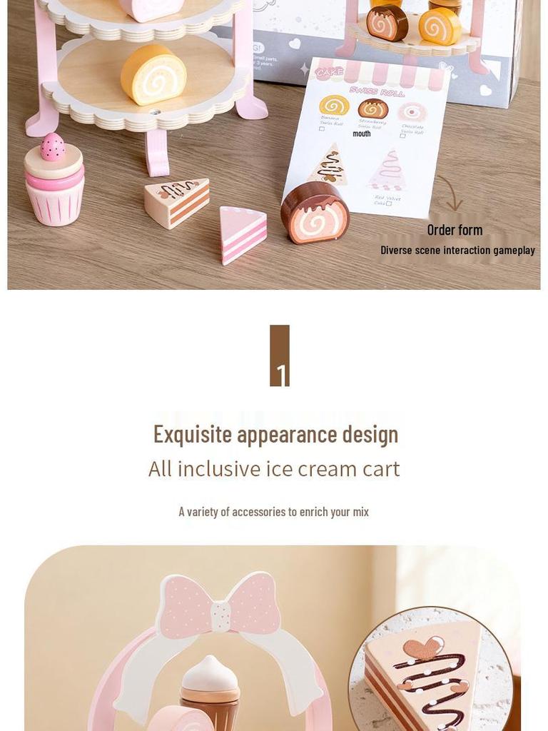 Children's Play Kitchen Set with Birthday Cake, Ice Cream, Dessert Stand, and Toy Food Models