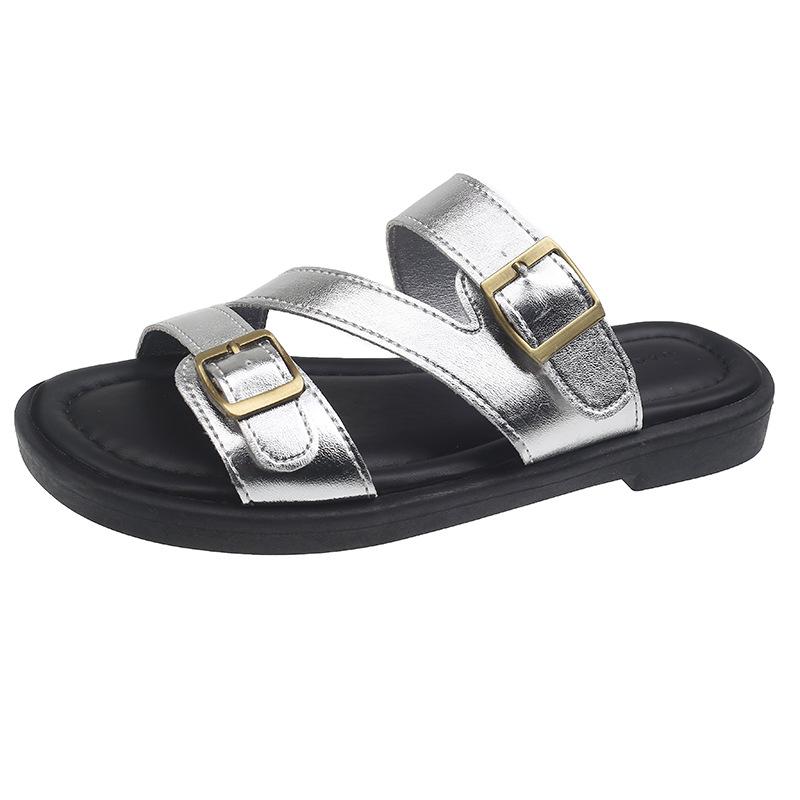 Тапочки на плоской подошве с пряжкой на ремне, женская летняя одежда 2025 года, новые ретро-тапочки с мягкой подошвой для пляжа и моря