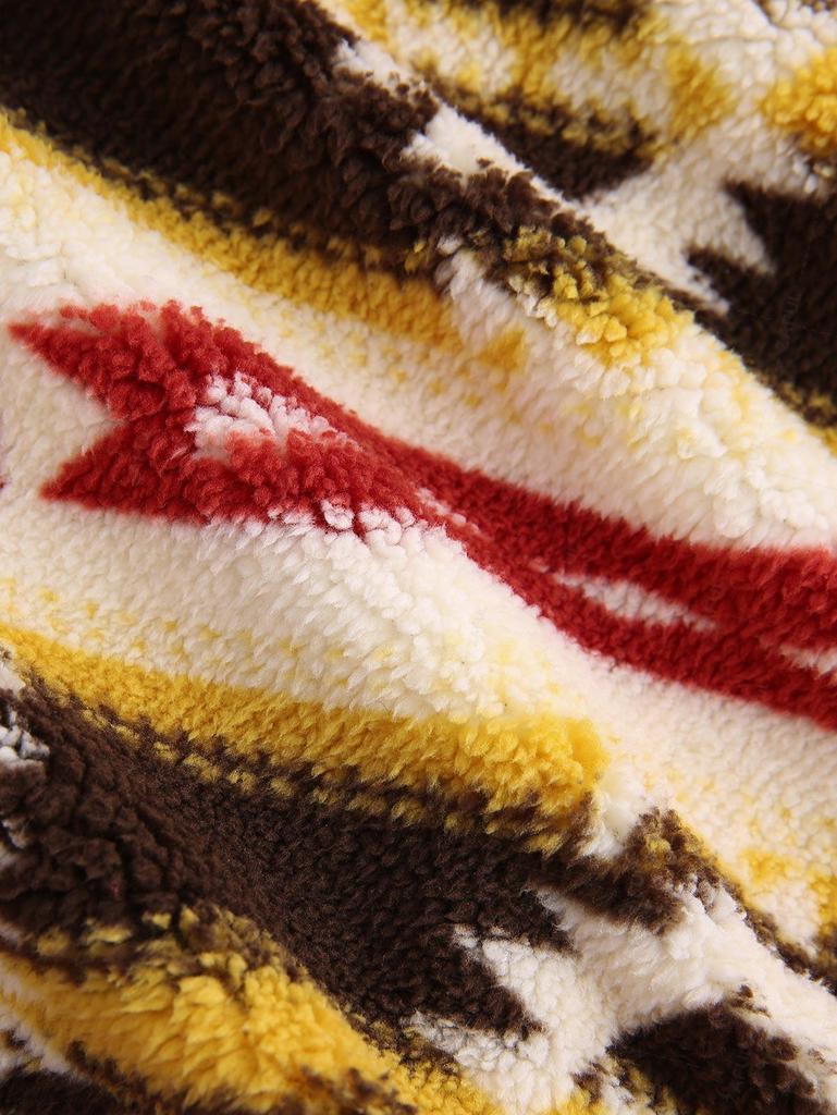 ZAFUL Женская толстовка с этническим принтом ацтеков, застежкой-молнией на короткую четверть длины, затягивающимся шнурком, отложным воротником, длинными рукавами, свободная, пушистая, плюшевая