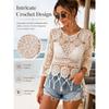 Women's Plain Fringe Trim Cut Out Sheer Cover Up-Boho Scallop Trim 3/4 Sleeve Beach Sarong for Vacation Poolside