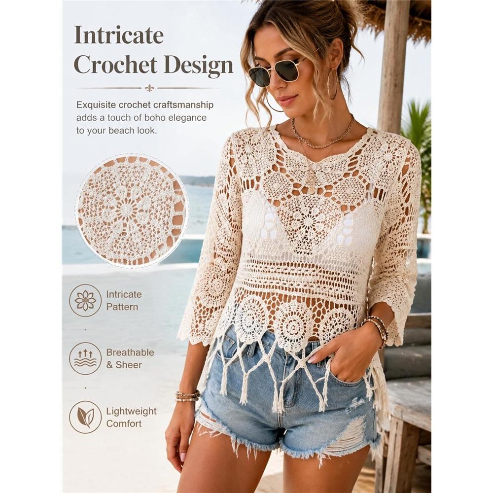 Women's Plain Fringe Trim Cut Out Sheer Cover Up-Boho Scallop Trim 3/4 Sleeve Beach Sarong for Vacation Poolside